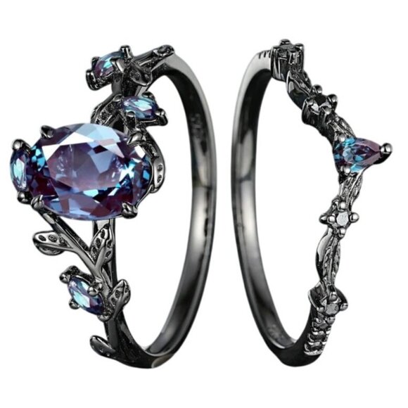 Pear Cut Alexandrite & Moissanite 2 piece Bridal Wedding engagement ring Rhodium - Picture 3 of 9